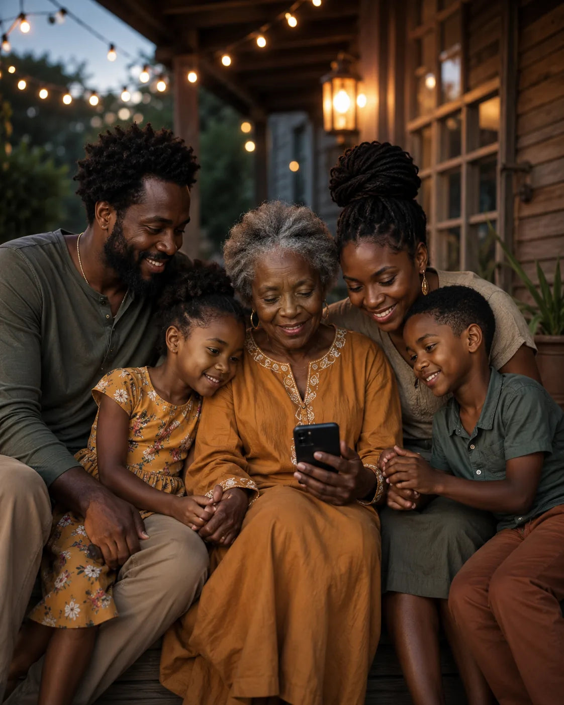 Three generations listening together on the porch