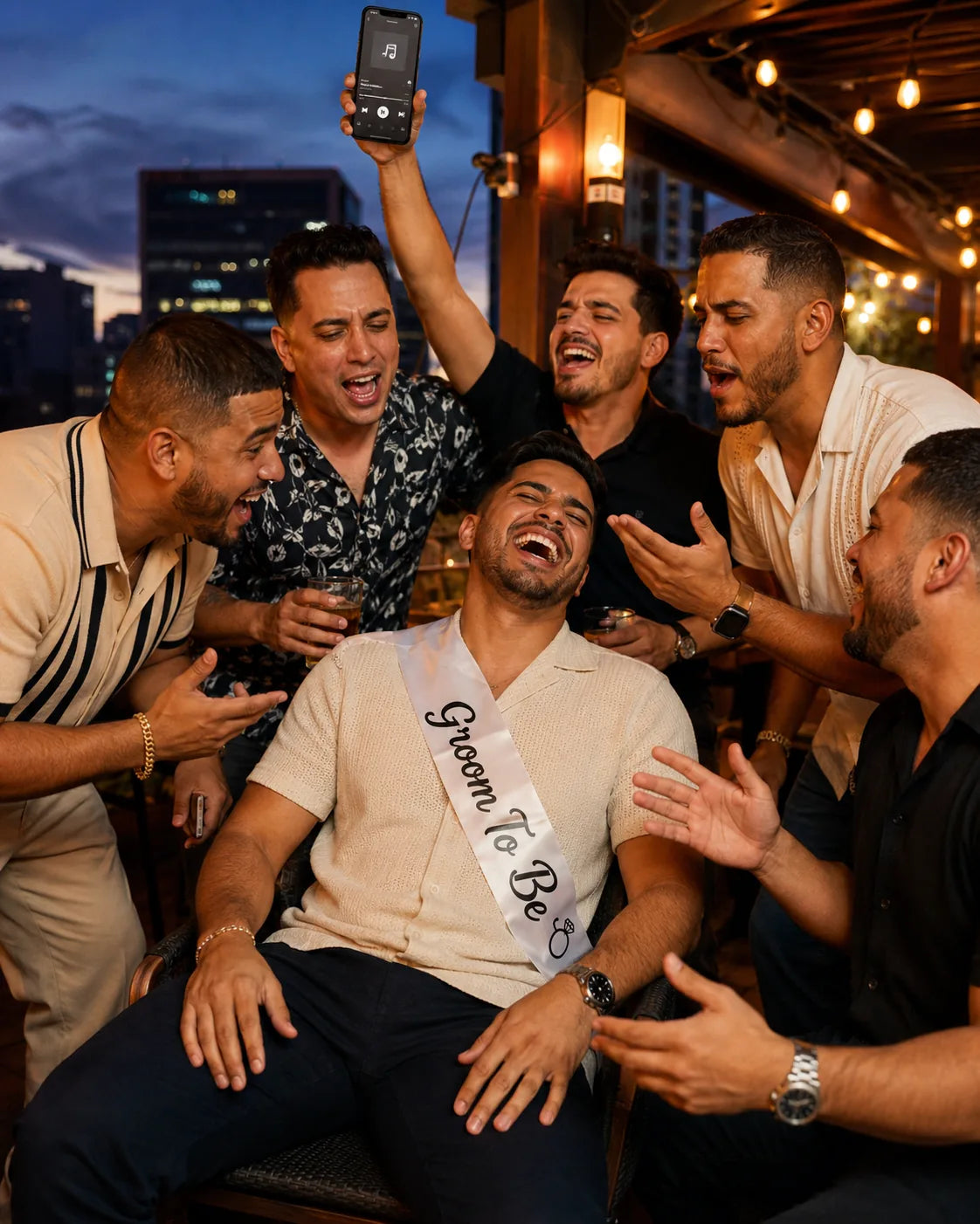 Bachelor party serenading the groom with his roast