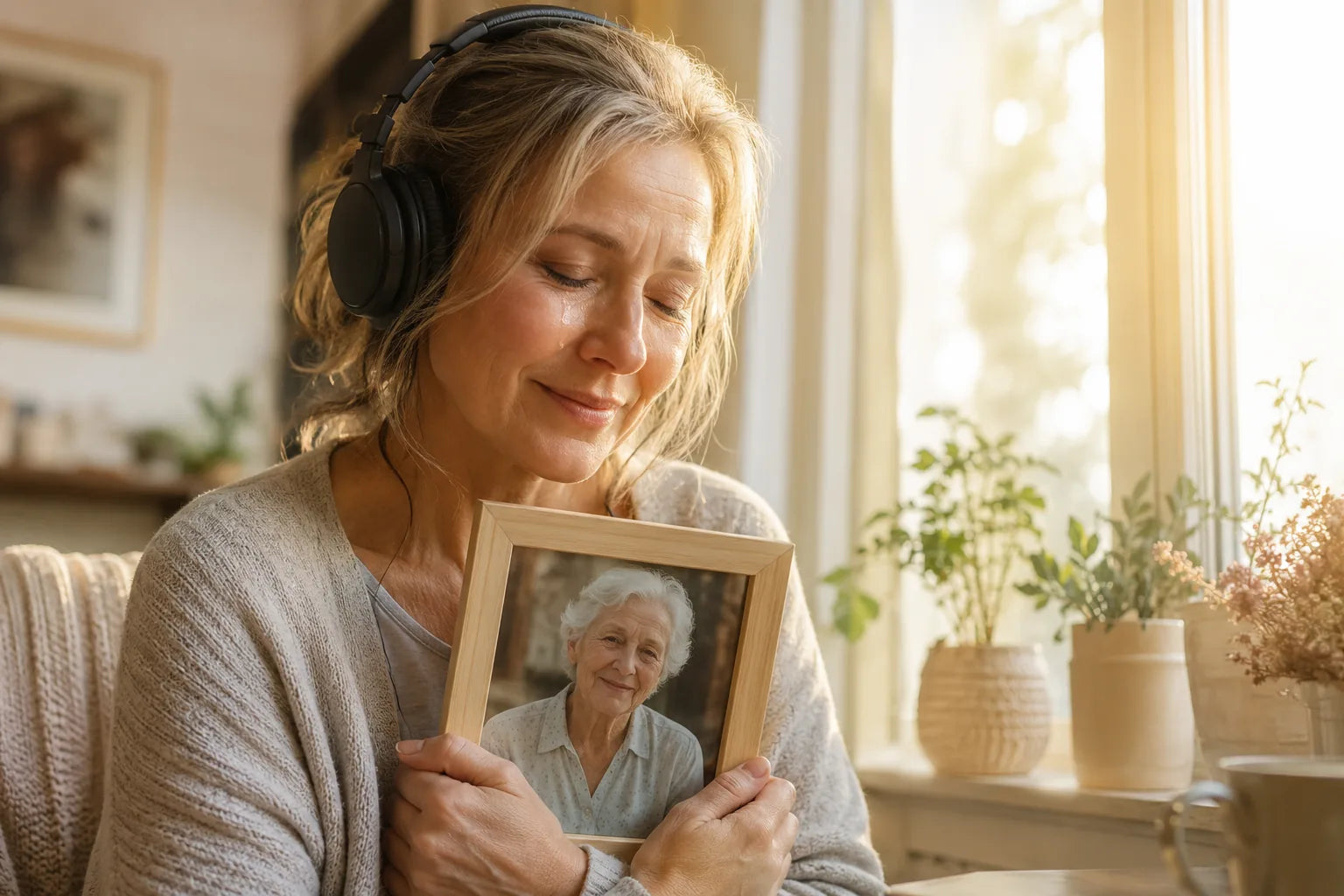 Woman listening to a song made in memory of her mother