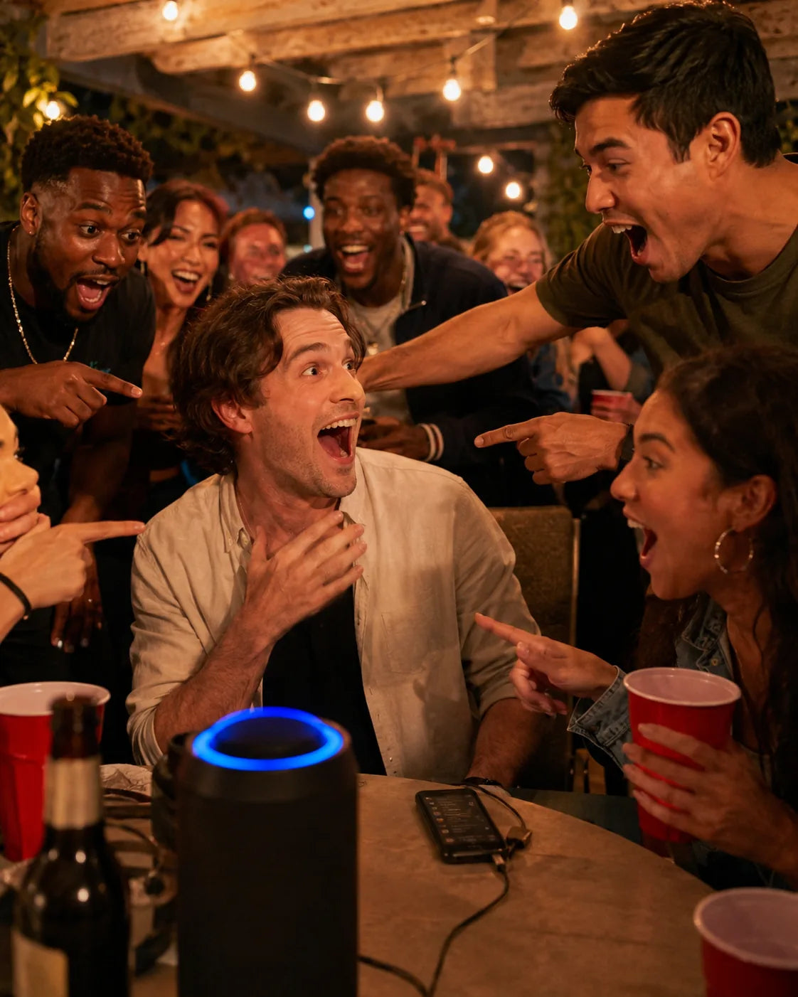 Friends reacting to his name in the song at a birthday party