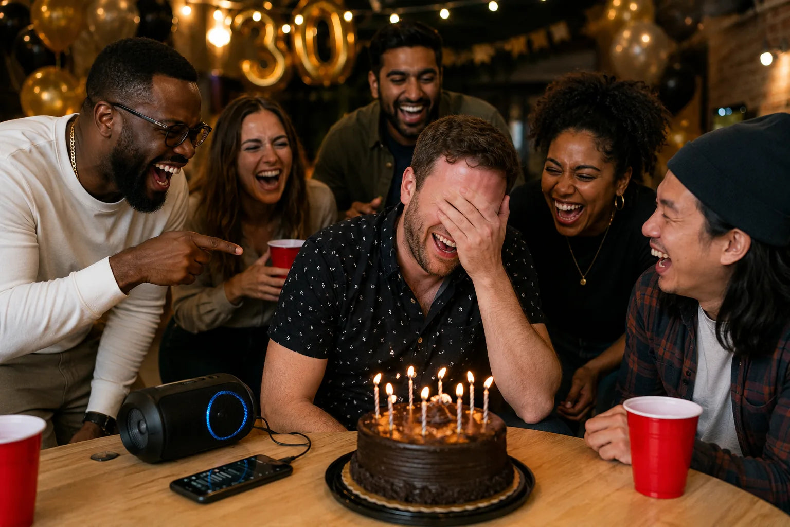 Birthday roast — the whole party laughing at his song